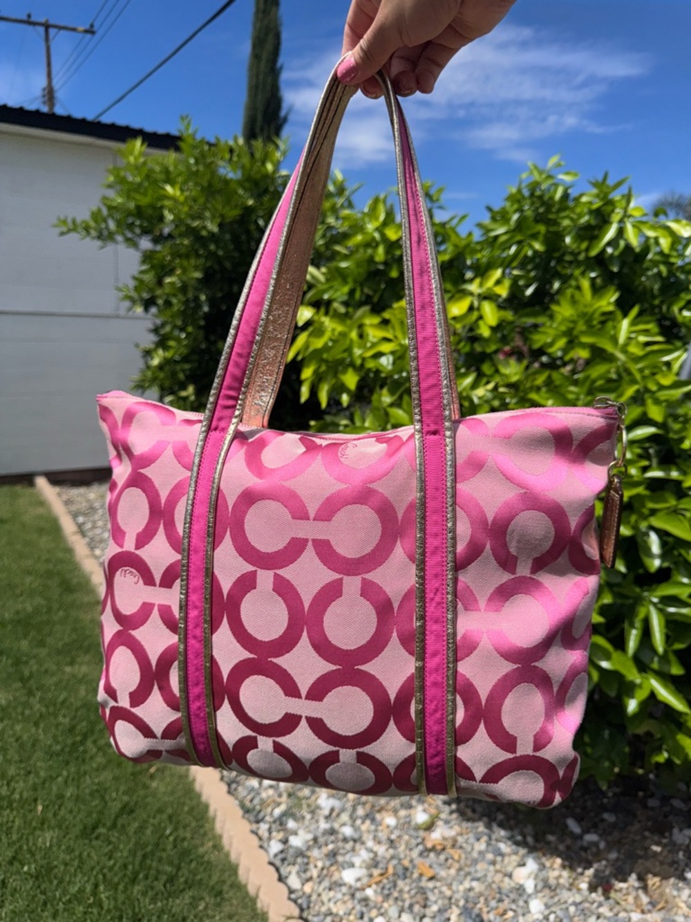Y2K Coach Poppy Op Art Pink Signature Jacquard Tote Shoulder Bag Purse #13826 - Picture 10 of 17